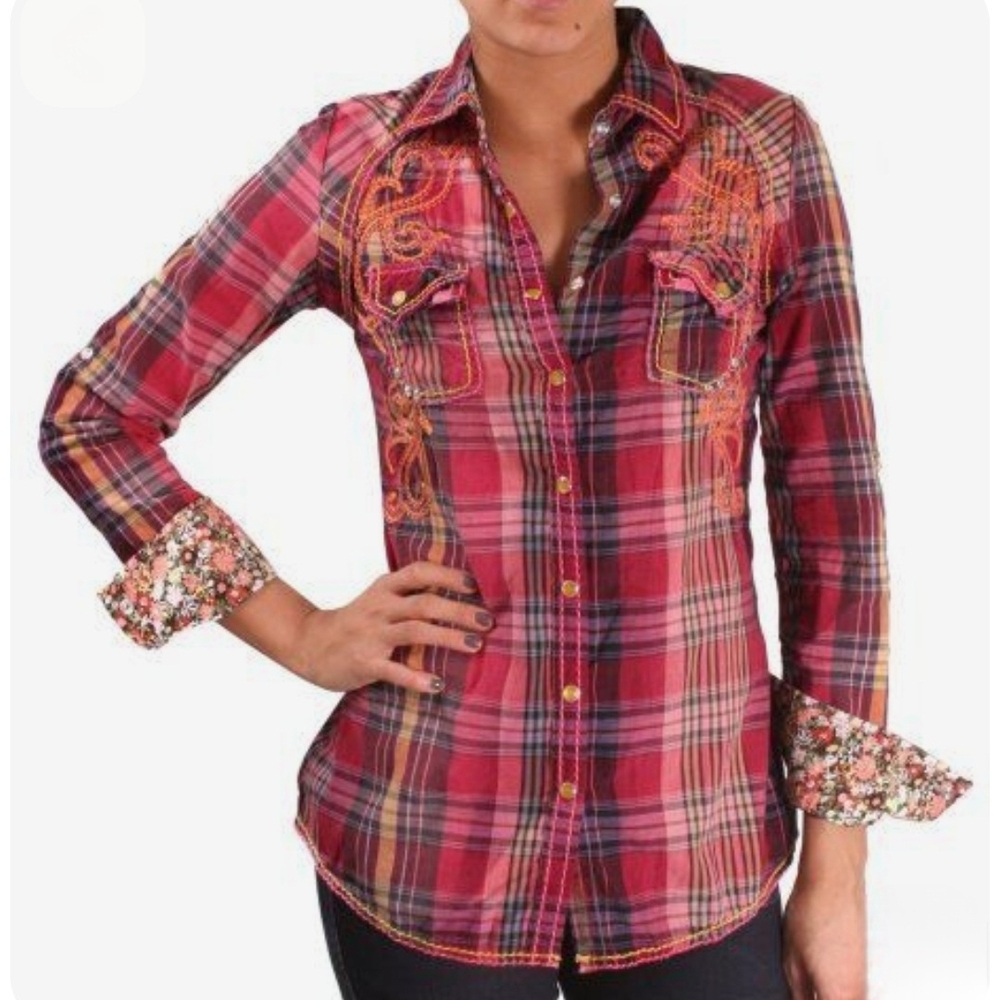 ROAR Plaid Button-Up Shirt with Embroidered Details | Size Medium